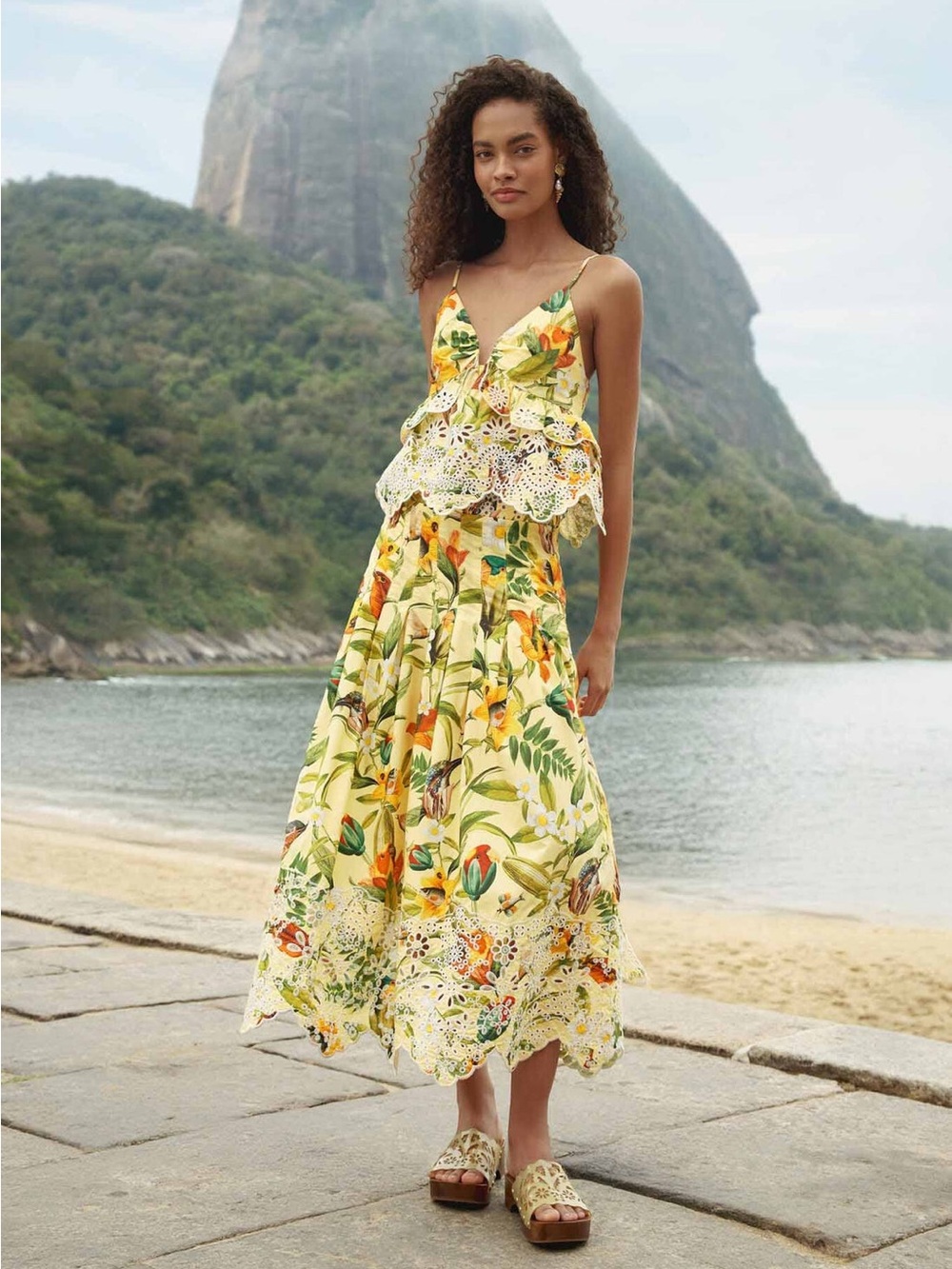 NWT Farm Rio Soft Yellow Brasil Collage Lace Ruffled Blouse & Maxi Skirt Set S